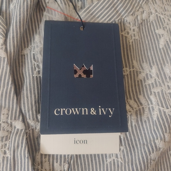NWT Crown And Ivy Icon Peasant Top Blue White Embroidered Striped SZ Small $50 - Picture 6 of 10